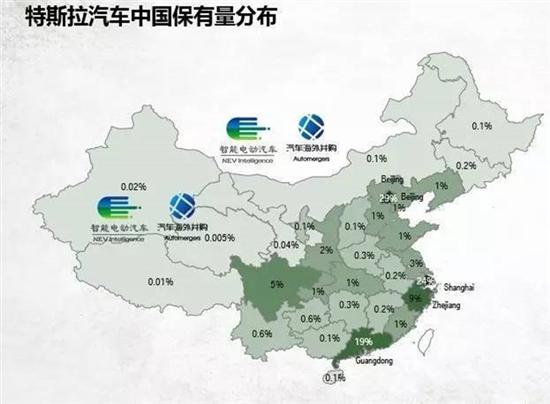 特斯拉保有量分布圖：京滬粵三地貢獻72%