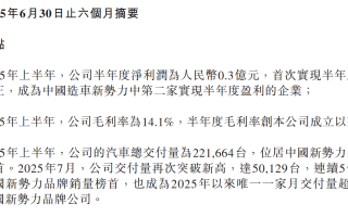 營收、毛利創(chuàng)新高 零跑汽車首次實現(xiàn)半年度凈利潤轉(zhuǎn)正
